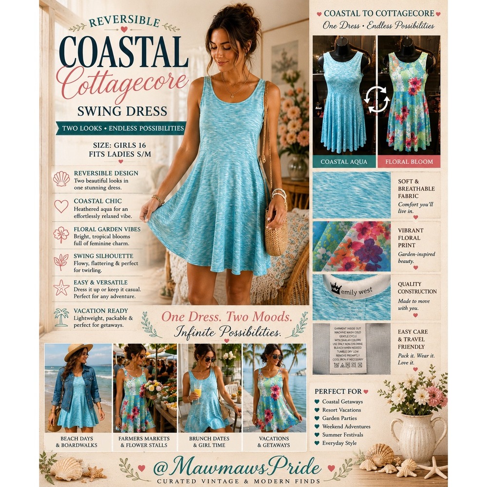 Reversible Coastal Cottagecore Princess Sundress Floral Boho Swing Dress S/M